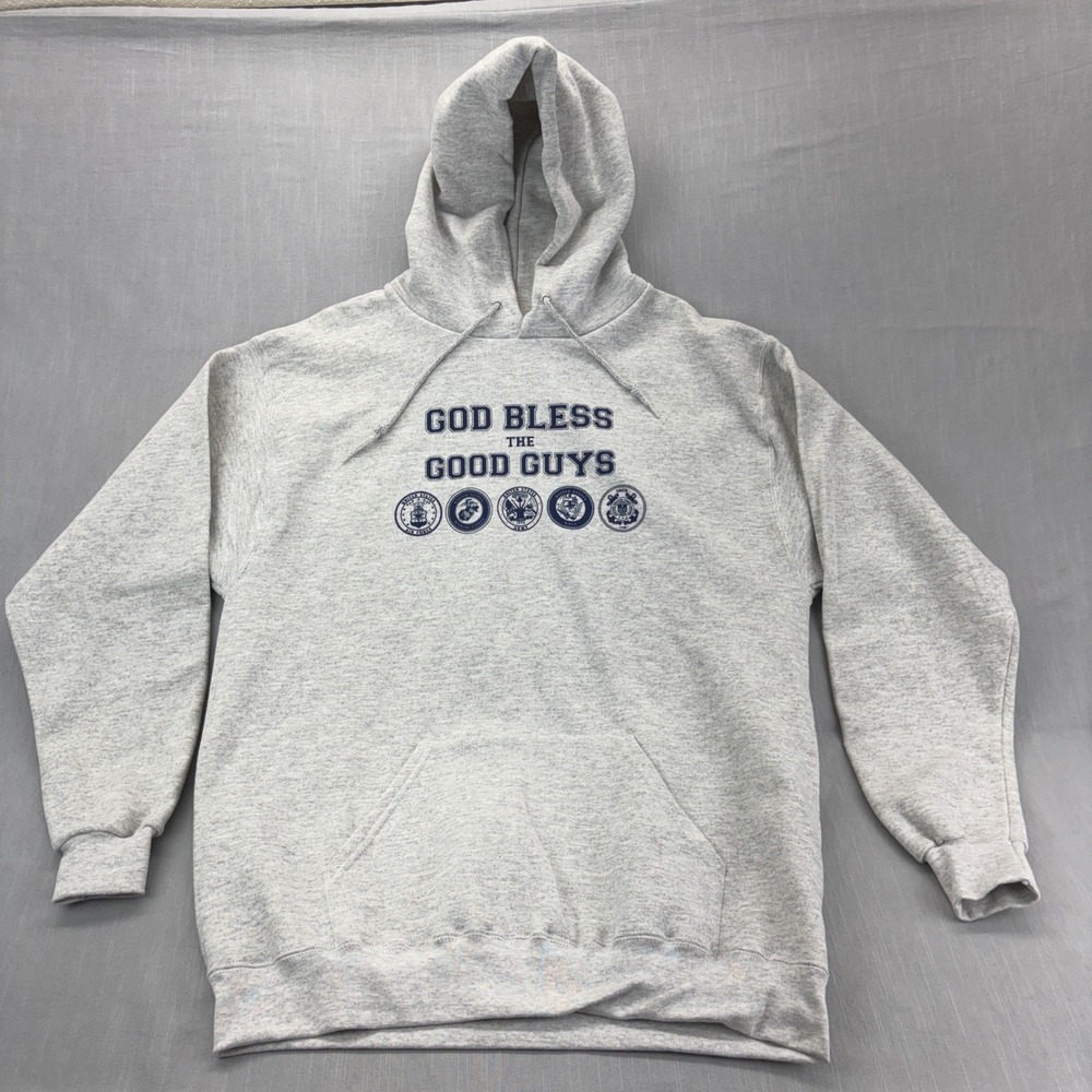 Lee Hoodie Mens Large God Bless The Good Guys Military Graphic Gray Sweatshirt